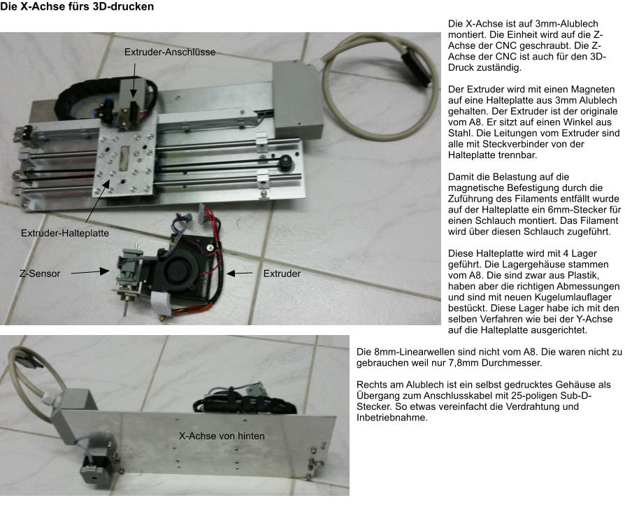 Die X-Achse frs 3D-drucken Die X-Achse ist auf 3mm-Alublech montiert. Die Einheit wird auf die Z-Achse der CNC geschraubt. Die Z-Achse der CNC ist auch fr den 3D-Druck zustndig.  Der Extruder wird mit einen Magneten auf eine Halteplatte aus 3mm Alublech gehalten. Der Extruder ist der originale vom A8. Er sitzt auf einen Winkel aus Stahl. Die Leitungen vom Extruder sind alle mit Steckverbinder von der Halteplatte trennbar.  Damit die Belastung auf die magnetische Befestigung durch die Zufhrung des Filaments entfllt wurde auf der Halteplatte ein 6mm-Stecker fr einen Schlauch montiert. Das Filament wird ber diesen Schlauch zugefhrt.   Diese Halteplatte wird mit 4 Lager gefhrt. Die Lagergehuse stammen vom A8. Die sind zwar aus Plastik, haben aber die richtigen Abmessungen und sind mit neuen Kugelumlauflager bestckt. Diese Lager habe ich mit den selben Verfahren wie bei der Y-Achse auf die Halteplatte ausgerichtet.   Die 8mm-Linearwellen sind nicht vom A8. Die waren nicht zu gebrauchen weil nur 7,8mm Durchmesser.  Rechts am Alublech ist ein selbst gedrucktes Gehuse als bergang zum Anschlusskabel mit 25-poligen Sub-D-Stecker. So etwas vereinfacht die Verdrahtung und Inbetriebnahme.             X-Achse von hinten Extruder-Halteplatte Extruder Z-Sensor Extruder-Anschlsse