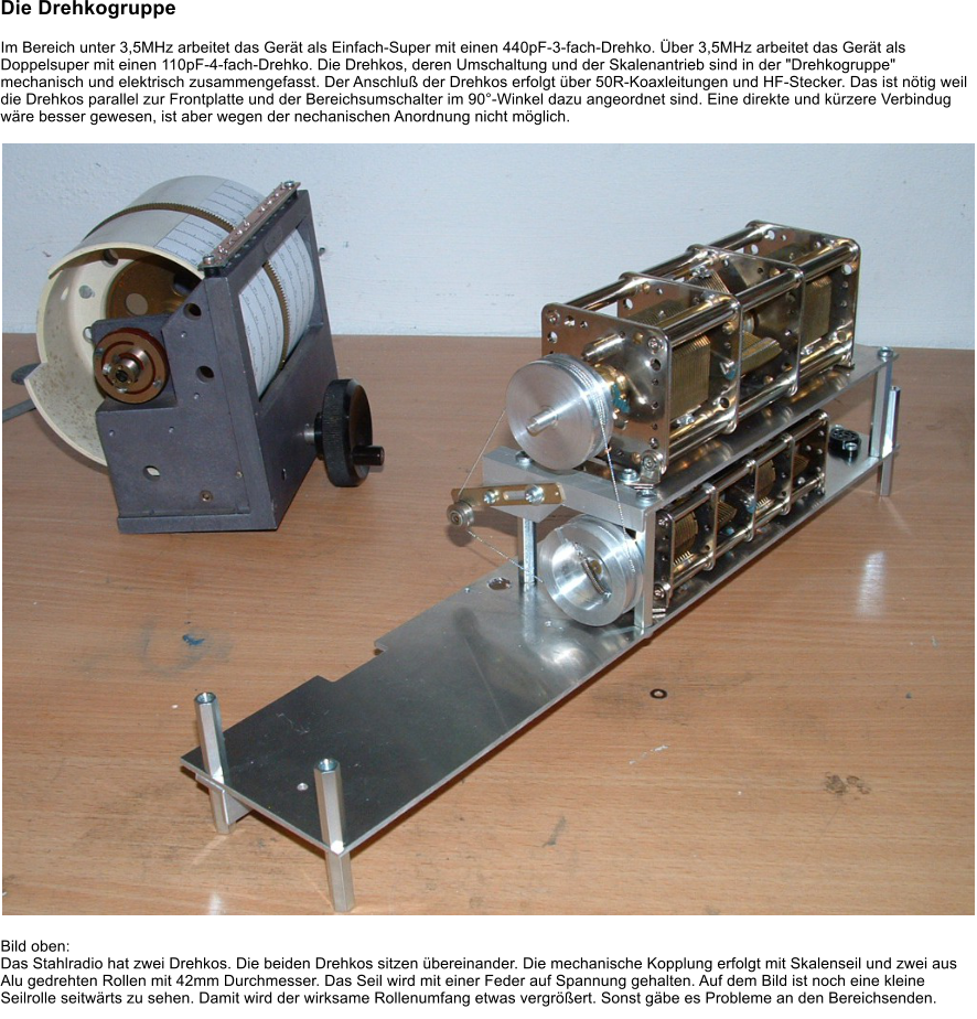 Die Drehkogruppe Bild oben: Das Stahlradio hat zwei Drehkos. Die beiden Drehkos sitzen bereinander. Die mechanische Kopplung erfolgt mit Skalenseil und zwei aus Alu gedrehten Rollen mit 42mm Durchmesser. Das Seil wird mit einer Feder auf Spannung gehalten. Auf dem Bild ist noch eine kleine Seilrolle seitwrts zu sehen. Damit wird der wirksame Rollenumfang etwas vergrert. Sonst gbe es Probleme an den Bereichsenden.   Im Bereich unter 3,5MHz arbeitet das Gert als Einfach-Super mit einen 440pF-3-fach-Drehko. ber 3,5MHz arbeitet das Gert als Doppelsuper mit einen 110pF-4-fach-Drehko. Die Drehkos, deren Umschaltung und der Skalenantrieb sind in der "Drehkogruppe" mechanisch und elektrisch zusammengefasst. Der Anschlu der Drehkos erfolgt ber 50R-Koaxleitungen und HF-Stecker. Das ist ntig weil die Drehkos parallel zur Frontplatte und der Bereichsumschalter im 90-Winkel dazu angeordnet sind. Eine direkte und krzere Verbindug wre besser gewesen, ist aber wegen der nechanischen Anordnung nicht mglich.